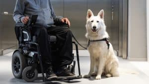 assistance dog training, Person in wheelchair with service dog in hallway.