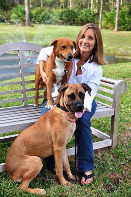 Jen with two Dogs on bench