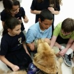 children petting an assistance dog