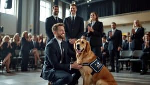 Man with service dog at graduation ceremony, applauded.
