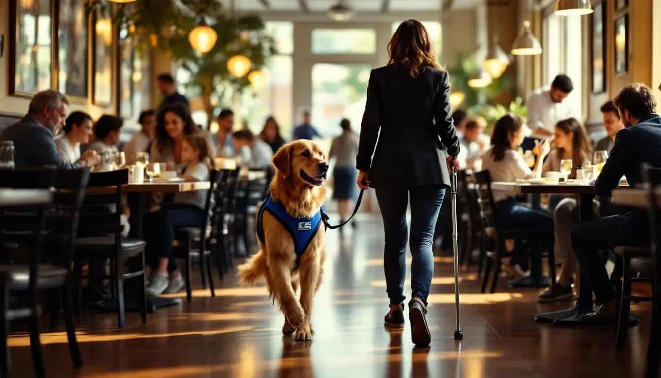 A fully trained service dog walks calmly through a busy restaurant alongside its handler, demonstrating perfect public access behavior. The dog's presence provides support and assistance, showcasing the vital role of service animals in the daily lives of people with disabilities.
