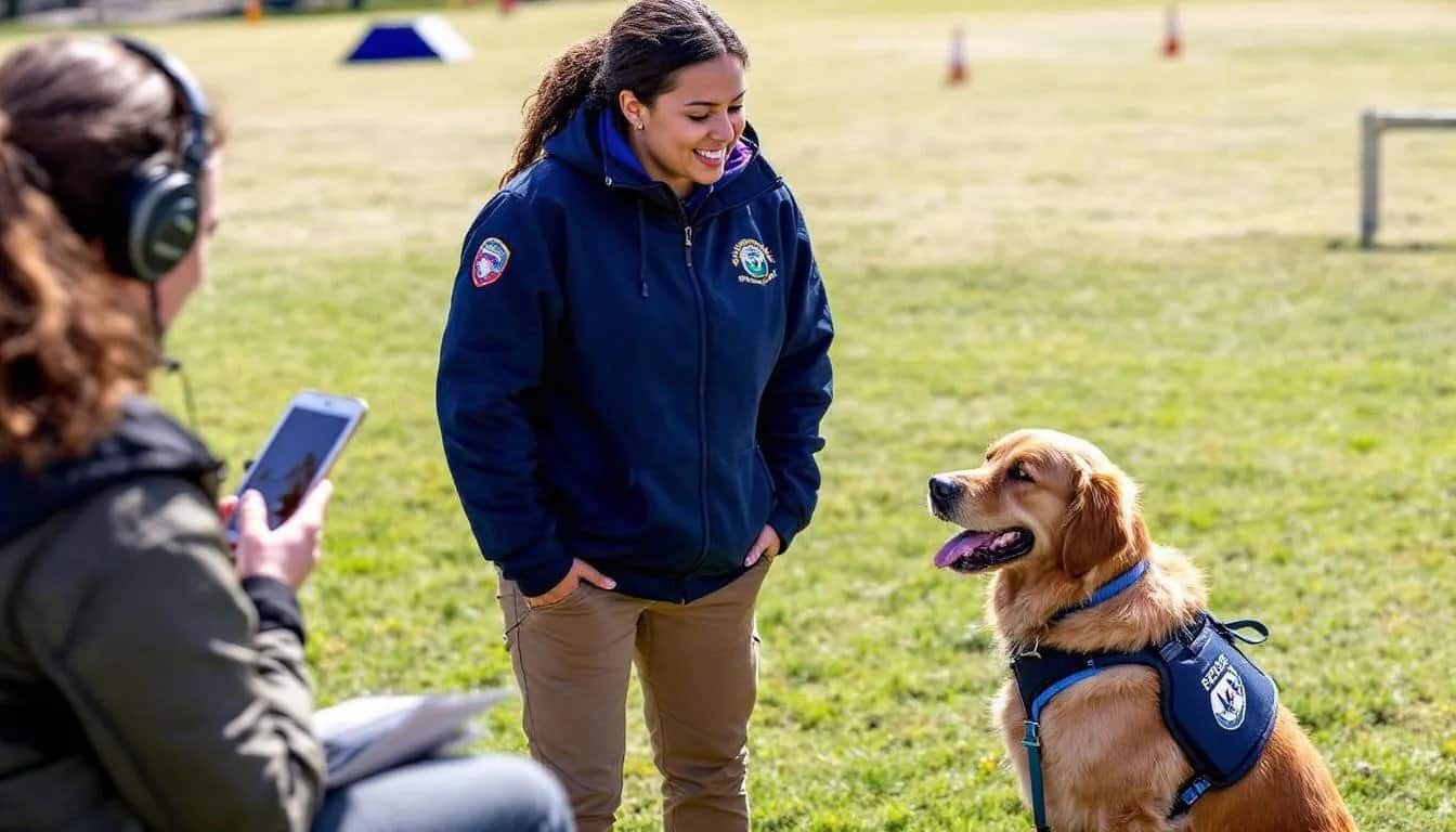 A handler is practicing communication techniques and command delivery with their service dog under the supervision of a professional trainer, highlighting the importance of service dog training in assisting individuals with disabilities. The scene emphasizes the bond between the handler and their fully trained service dog as they work together to perform specific tasks.