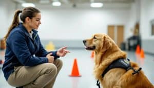 Trainer working with guide dog indoors.