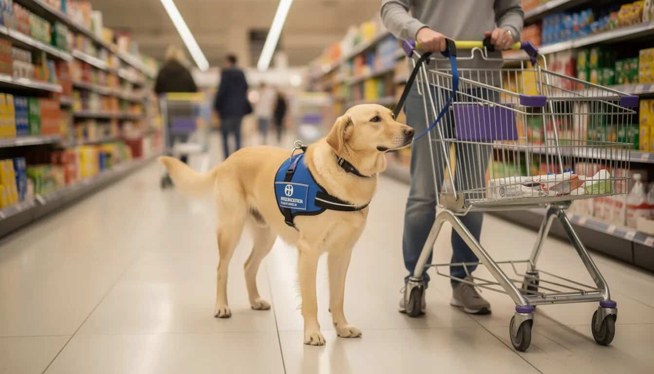 A highly trained service dog wearing a vest walks calmly beside a person in a busy store, showcasing the powerful bond between service dogs and their human partners as they navigate daily life together. This scene highlights the important role of service dogs in supporting veterans and individuals with disabilities.