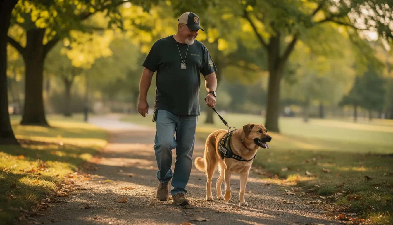A military veteran walks alongside a highly trained service dog on a tree-lined path, symbolizing the powerful bond between humans and animals. This image reflects the journey of healing and independence that service dogs provide to veterans facing challenges such as PTSD and traumatic brain injury.