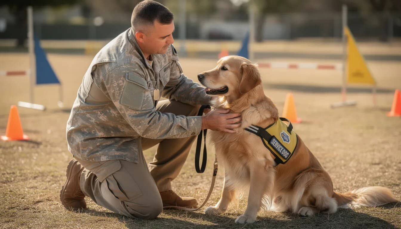 A military veteran kneels beside a golden retriever service dog in a sunny outdoor training area, showcasing the powerful bond formed through service dog training. This scene highlights the importance of highly trained service dogs in supporting veterans with mental health challenges, such as PTSD and traumatic brain injury.