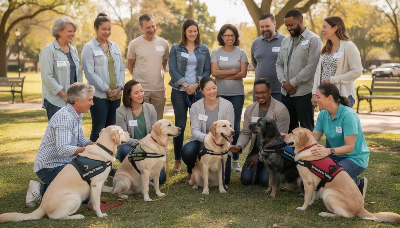 A group of community volunteers is gathered outdoors, surrounded by several service dogs in training, showcasing the powerful bond between humans and these highly trained service dogs. This event emphasizes the importance of support and training programs dedicated to helping military veterans and individuals with disabilities regain independence and confidence in their daily lives.