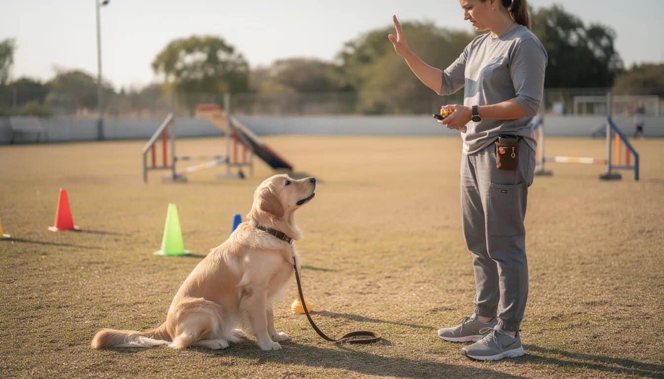 A professional trainer is working with a young Golden Retriever in an outdoor training area, teaching basic obedience commands essential for service dog training. The trainer demonstrates how to maintain the dog's focus and control, emphasizing the importance of foundational skills for future task training in various public spaces.