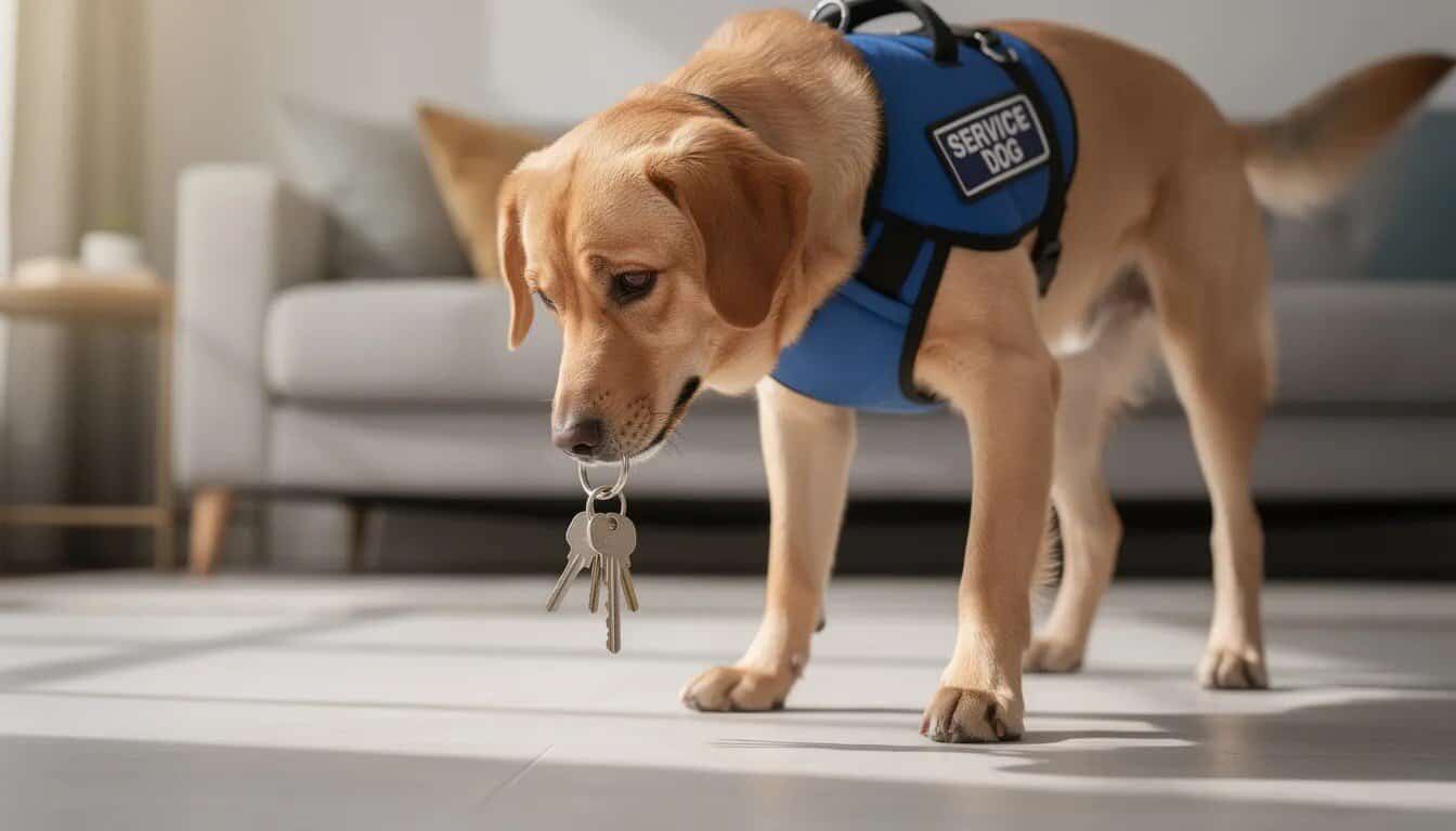 A service dog, specifically a Labrador Retriever, is demonstrating a retrieve task by picking up a set of keys from the floor, showcasing the essential skills acquired through professional training. This image highlights the importance of task training for service dogs, which are individually trained to assist individuals with physical or mental impairments.