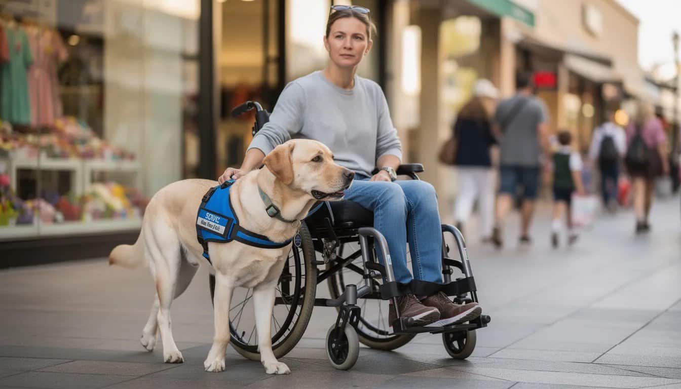 A calm Labrador Retriever, wearing a service dog vest, walks beside a person in a wheelchair through a busy shopping area, demonstrating the important role of service animals in assisting individuals with disabilities in public spaces. The dog's presence highlights the significance of professional training in providing mobility assistance and emotional support.