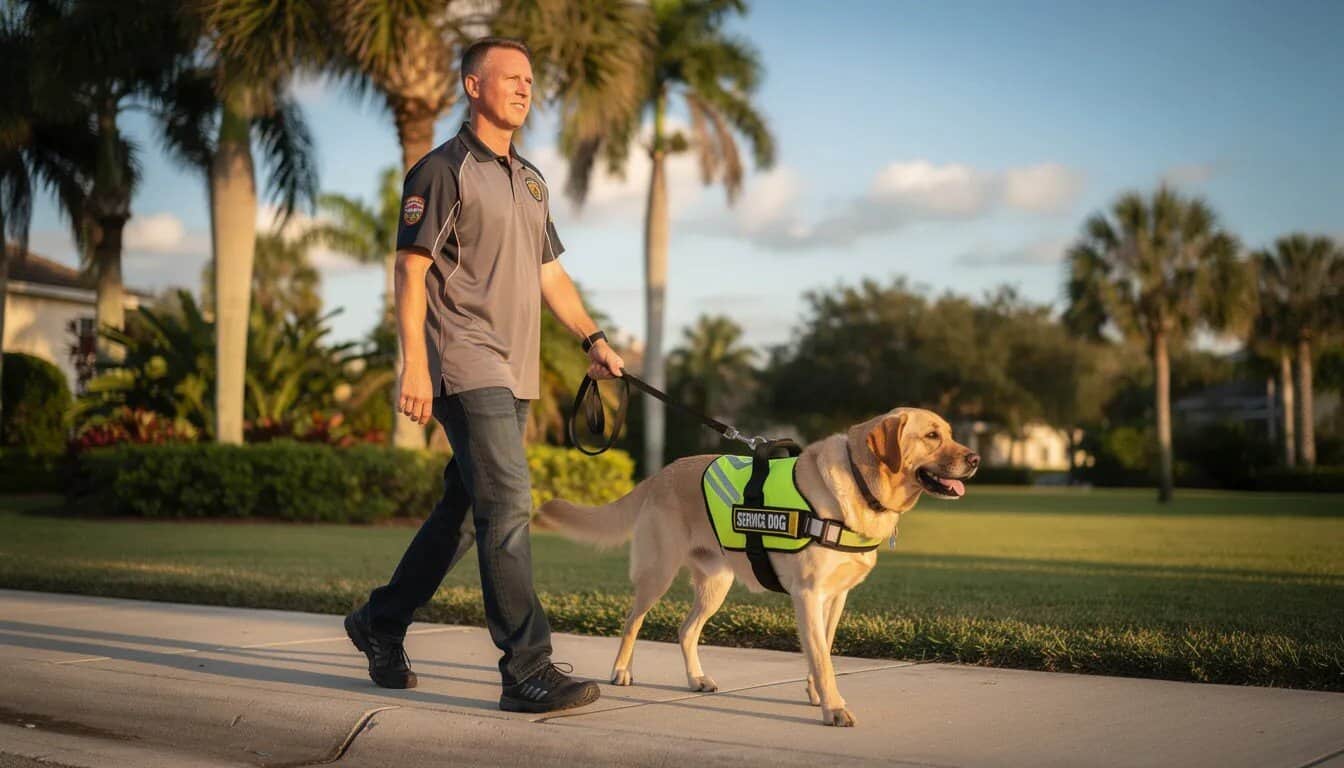 A service dog and its handler walk confidently together on a sunny Florida sidewalk, showcasing their partnership and independence as they navigate public spaces. The dog, likely a Labrador Retriever or Golden Retriever, is visibly trained to perform specific tasks that assist the handler, demonstrating the importance of professional service dog training for individuals with disabilities.