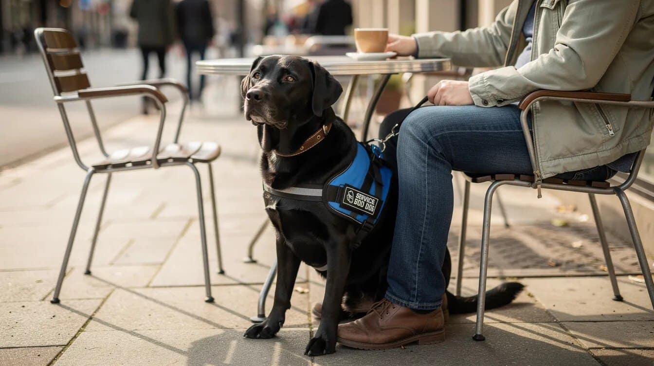 A calm black Labrador service dog sits next to its handler at an outdoor cafe, showcasing its specialized training to assist individuals with disabilities. This service animal is trained to perform specific tasks, providing emotional support and facilitating social interactions in public spaces.