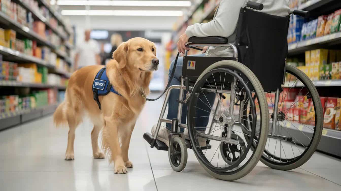 A golden retriever service dog, wearing a vest, walks alongside a person using a wheelchair in a grocery store. This scene highlights the important role of service animals, which are trained to assist individuals with disabilities and facilitate social interactions in public spaces.