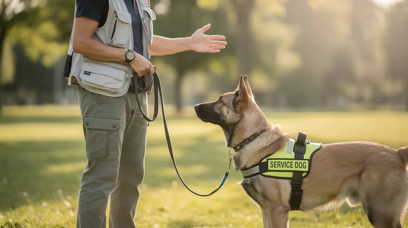 The image shows a handler working closely with a service dog during an outdoor training session, focusing on the dog's specialized training to perform specific tasks that assist individuals with disabilities, including mental health conditions like post-traumatic stress disorder. The handler and dog are engaged in a structured activity that highlights the importance of professional training programs for service animals.