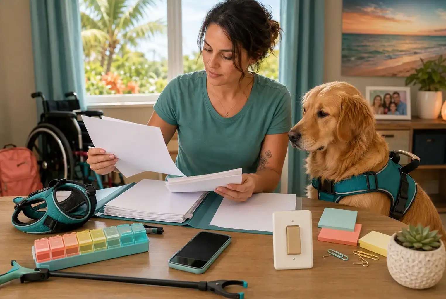 Florida applicant prepares documents with service dog harness